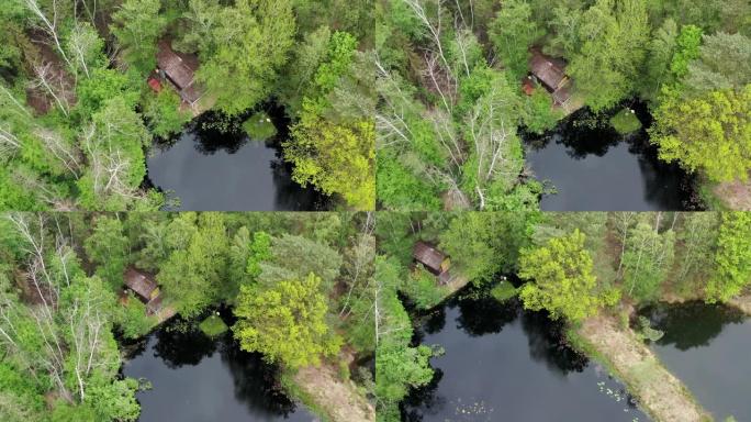 孤独的小屋在一个黑色的荒湖湖畔，树木茂密，鸟瞰图
