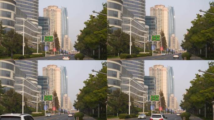 日落时间青岛市市区办公楼前慢动作全景4k中国