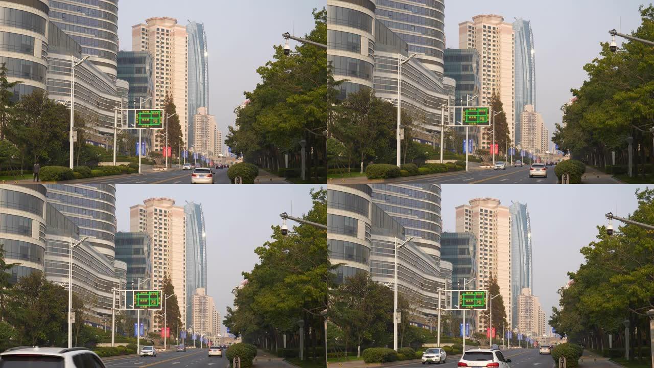 日落时间青岛市市区办公楼前慢动作全景4k中国