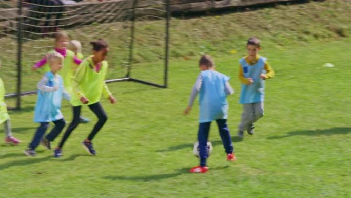 在阳光明媚的球场上，两个对立的球队踢足球的小孩