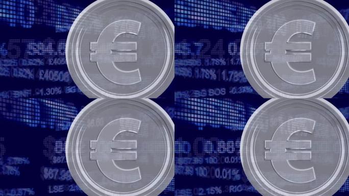 银欧元硬币数字动画对股票市场数据处理对蓝色背景