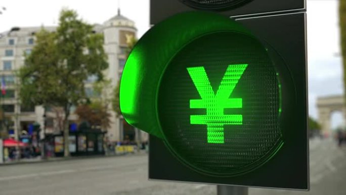 日元在绿色交通信号灯上签名。外汇相关概念3D动画