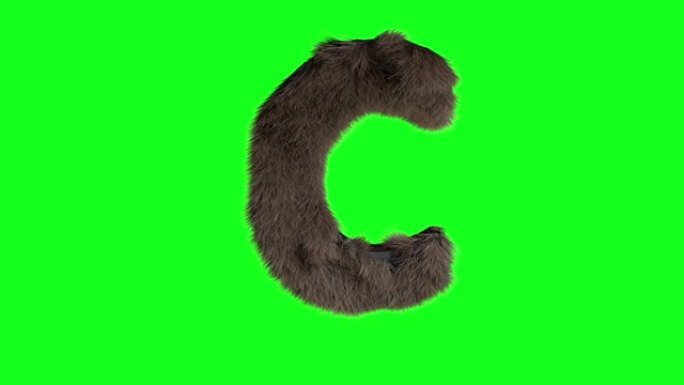 抽象多毛字母C符号蓬松毛茸茸的字母绿色屏幕色键动画3d