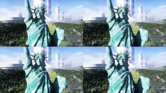 未来主义城市和自由女神像。未来概念。鸟瞰图。逼真的4k动画。