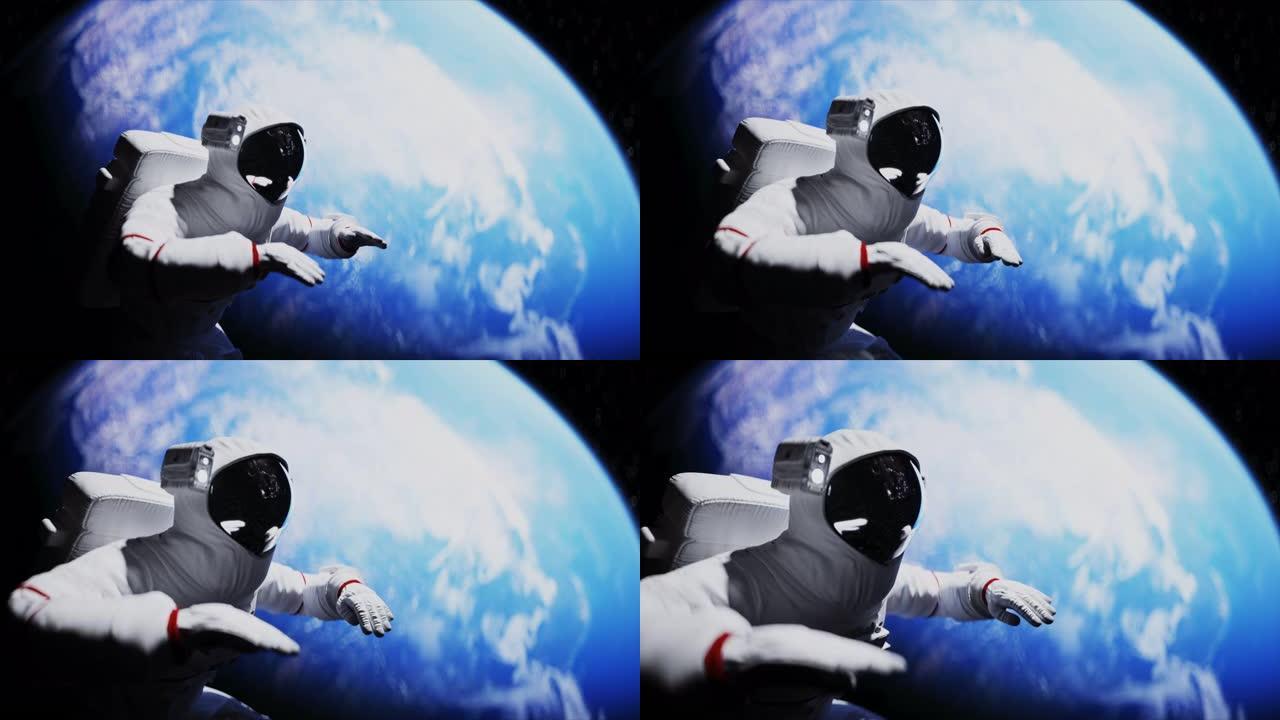 宇航员在太空中的悬浮。逼真的4k动画。
