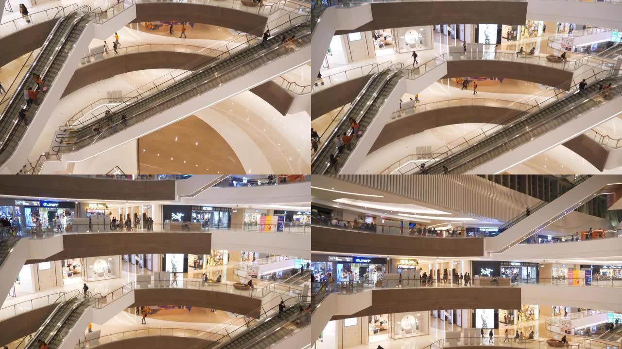 青岛市著名的市中心购物中心屋顶自动扶梯大厅慢动作全景4k中国