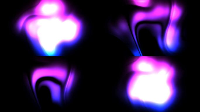 蓝紫色发光等离子体作为火火焰，霓虹灯燃烧气体的动态变化表面作为发光的明亮流，黑色背景上的滑动运动动画