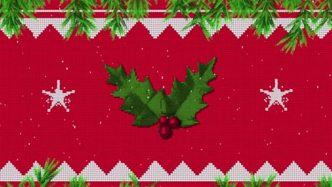 圣诞装饰的动画，冬青树和冷杉树枝在雪花落下