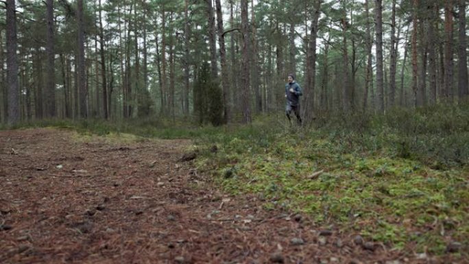 户外锻炼 -- 在森林小径上跑步的人。慢动作滑块拍摄