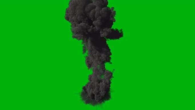 有大量黑烟的核爆炸。浓烟弥漫的巨大爆炸。冒烟爆炸，炸弹爆炸。绿屏前的VFX动画。