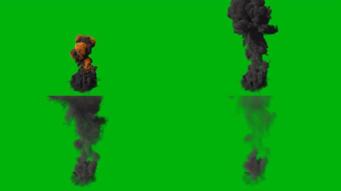 有大量黑烟的核爆炸。浓烟弥漫的巨大爆炸。冒烟爆炸，炸弹爆炸。绿屏前的VFX动画。