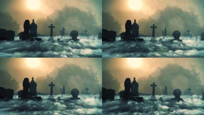 英国乡村的维多利亚时代哥特式墓地，黎明/黄昏时，雾气弥漫。
