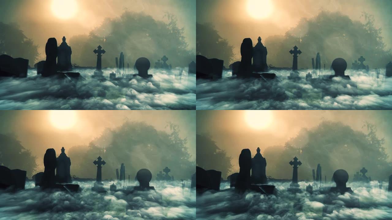 英国乡村的维多利亚时代哥特式墓地，黎明/黄昏时，雾气弥漫。