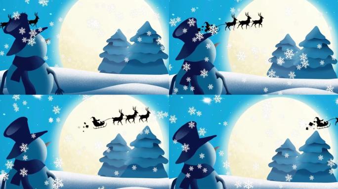 雪人动画看着驯鹿拉雪橇中的圣诞老人的剪影