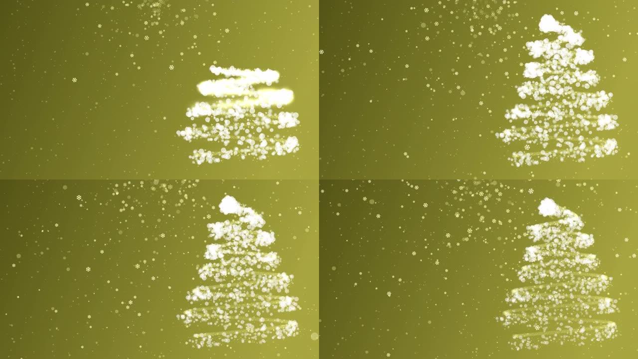4k圣诞树，雪和雪花金色背景