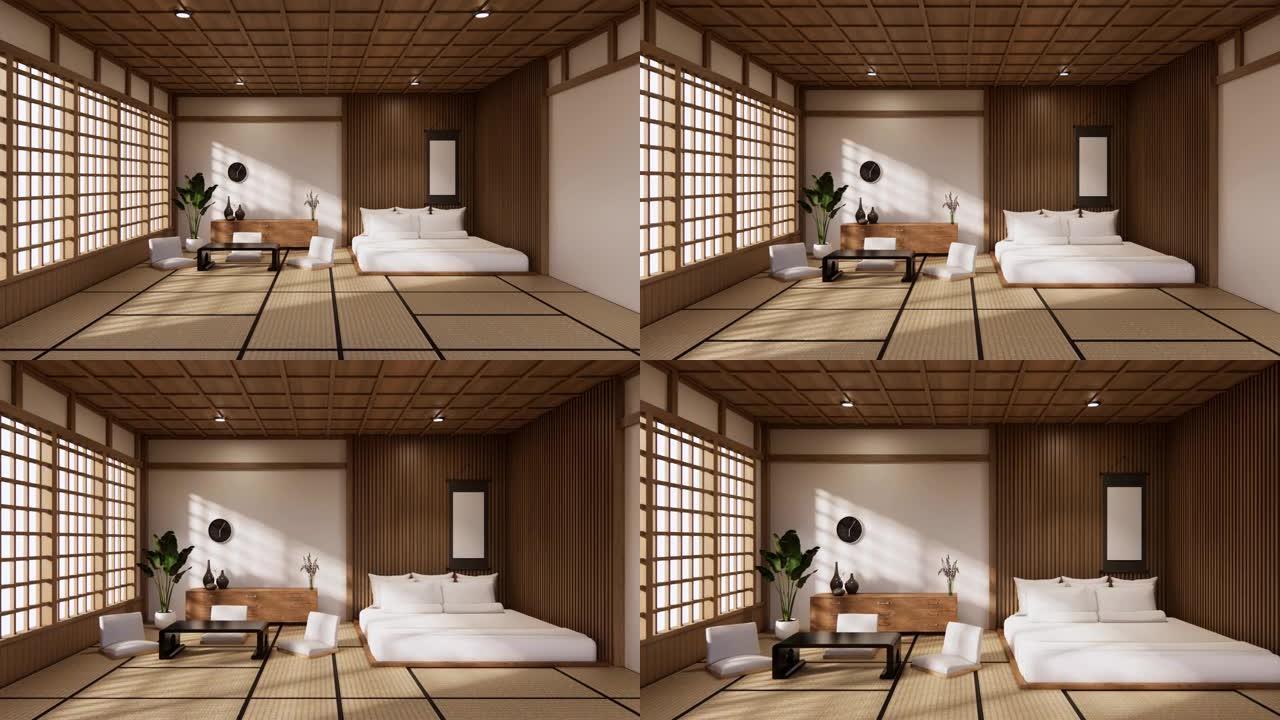 日式卧室非常日本风格，配有榻榻米垫地板和装饰。3d渲染
