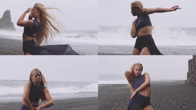 在狂风和海水的背景下，在黑色海滩上独自跳舞的女人