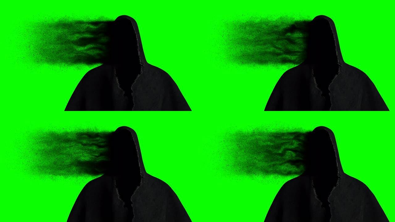 可怕的，害怕黑暗粒子的幽灵。逼真的绿屏4k动画。