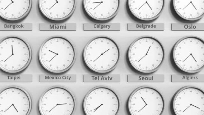 关注显示以色列时间特拉维夫的时钟。3D动画