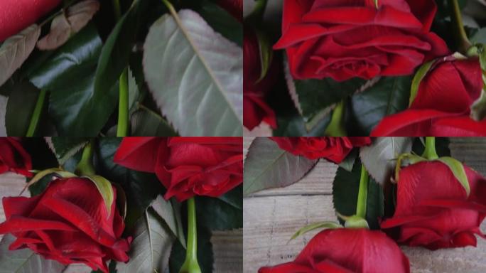 木桌背景上的红玫瑰。情人节。情人节。从上方观看。宏观。4k快照
