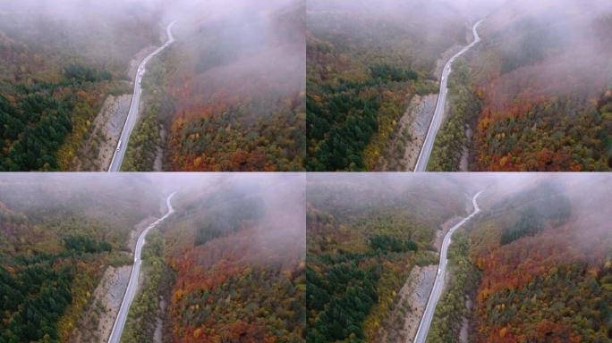 秋季天线。空中公路旅行在雾中蜿蜒的山路上，汽车在秋天经过五颜六色的森林。