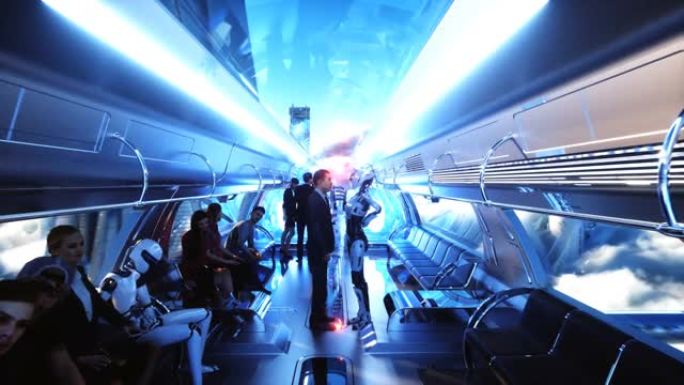 人和机器人。飞行客运列车。云中的未来科幻城市。乌托邦。未来的概念。空中奇妙的景色。逼真的4k动画。