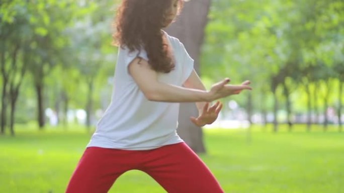 一个女人在公园里做太极拳气功。东方武术武术