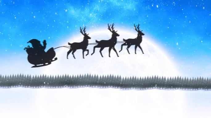 雪降在雪橇上的圣诞老人的黑色剪影上的数字动画