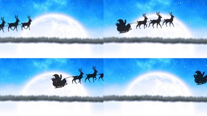 雪降在雪橇上的圣诞老人的黑色剪影上的数字动画
