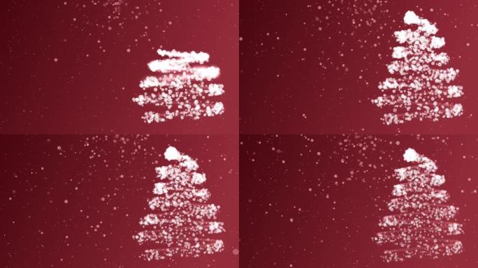 4k圣诞树与雪和雪花红色背景