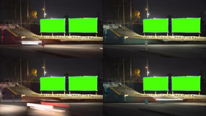 绿色屏幕的城市街道广告牌支架。时间流逝，汽车和火车线