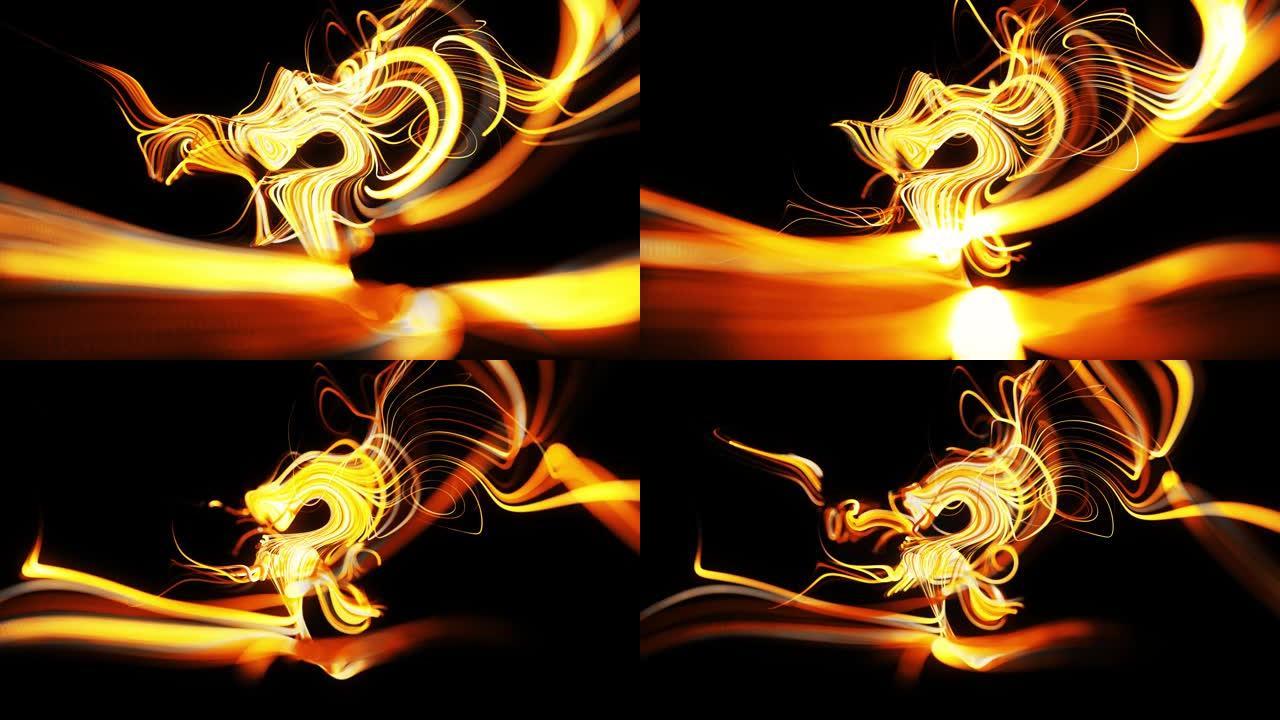 粒子流形成卷曲的黄线，如辉光轨迹，线形成漩涡状，如卷曲噪声。抽象3d动画作为明亮的创意节日背景。快速