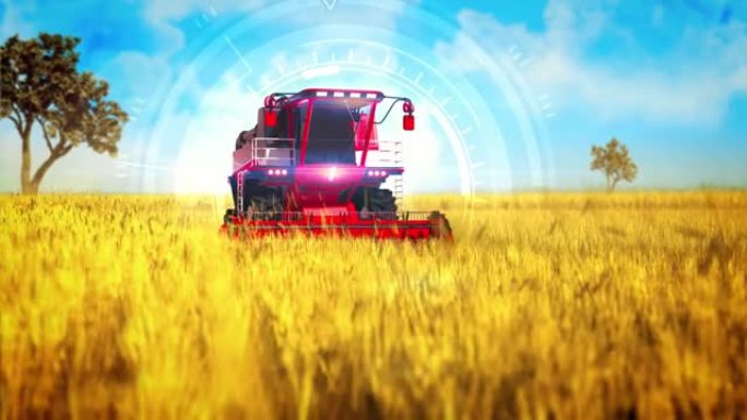工业3D 4K 60 fps动画，自动驾驶收割机数字叠加在农田里
