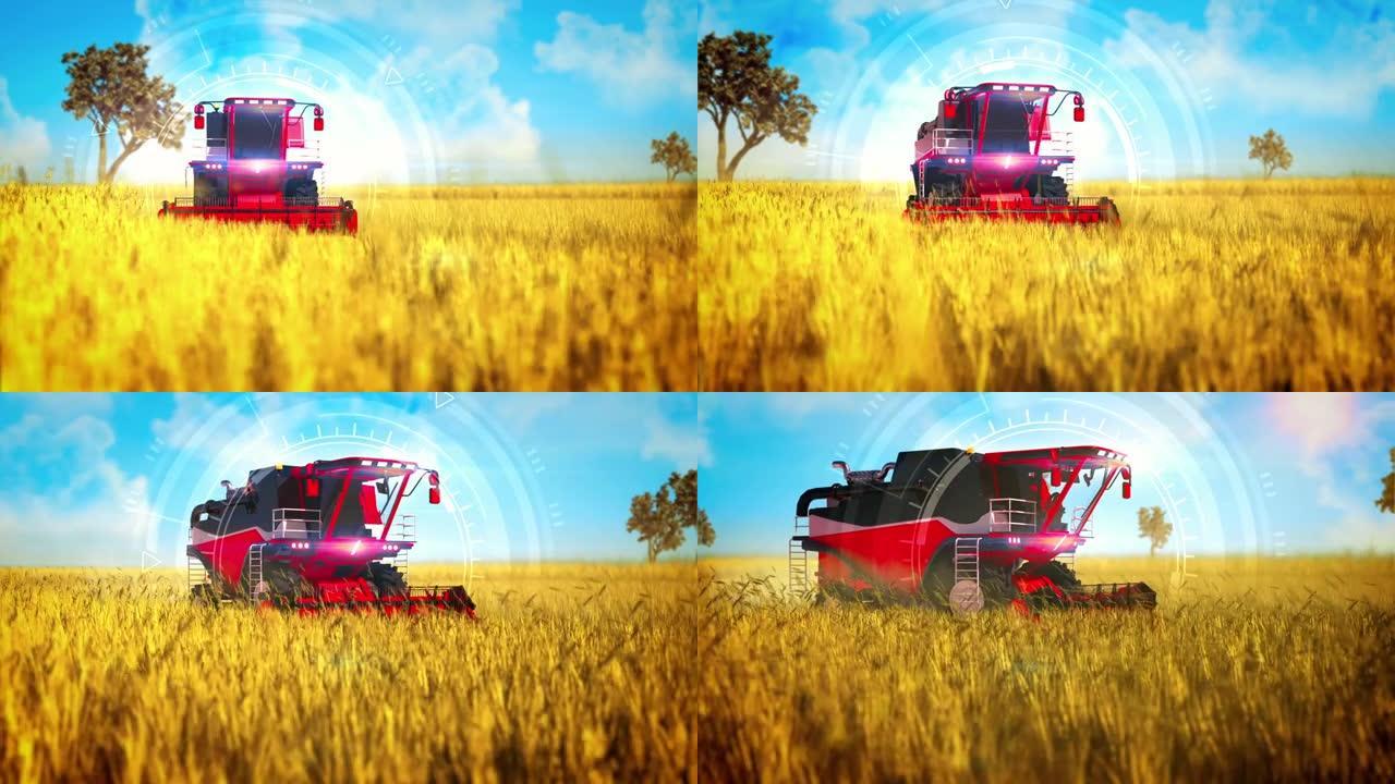 工业3D 4K 60 fps动画，自动驾驶收割机数字叠加在农田里