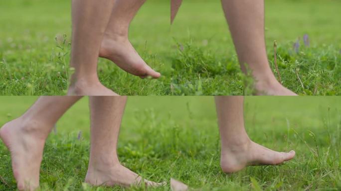 一个男人赤脚走在绿草地上，镜头移动，特写