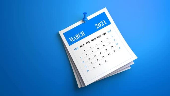 循环摇摆3月2021年日历动画在蓝色背景