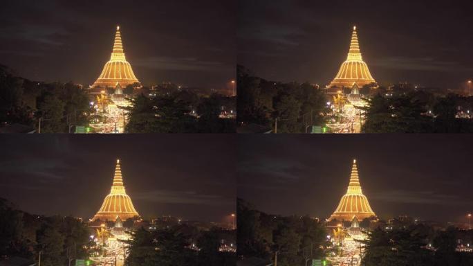 泰国曼谷市附近那空法统的帕帕通Chedi佛塔寺的鸟瞰图。旅游景点。泰国地标建筑。晚上的金塔。