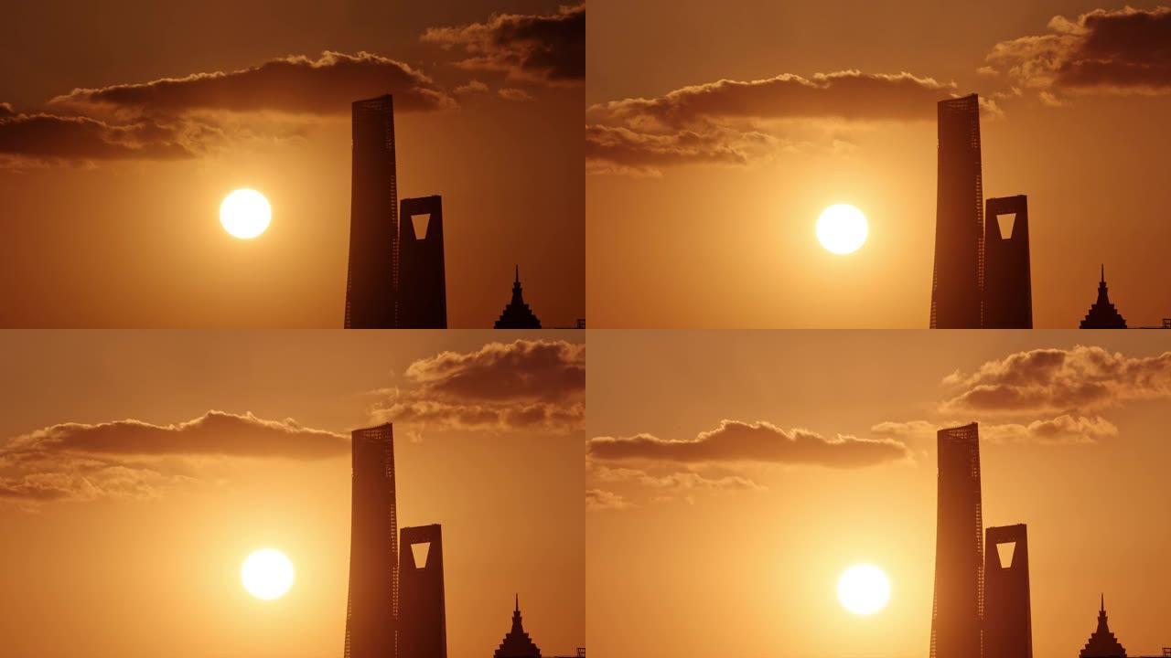 美丽的日落与剪影上海地标背景，延时4k镜头。