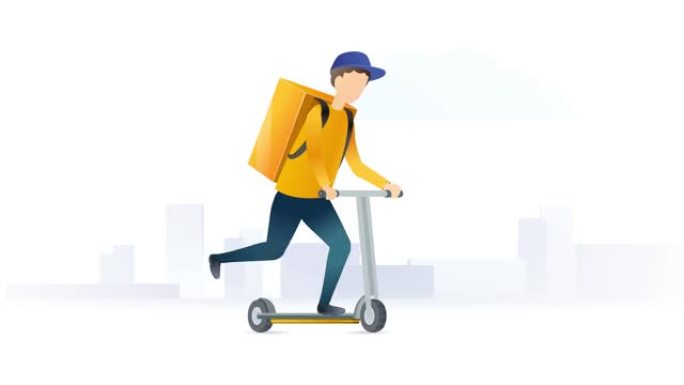 送货员骑着踏板车。快递送餐卡通动画概念。4k循环动画概念。