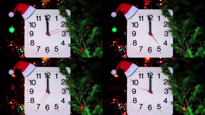 在黑色背景上的新年冷杉树枝上计时。秒针在机械钟的圆圈中移动，并在圣诞节的午夜和前夕显示十二点钟。假日