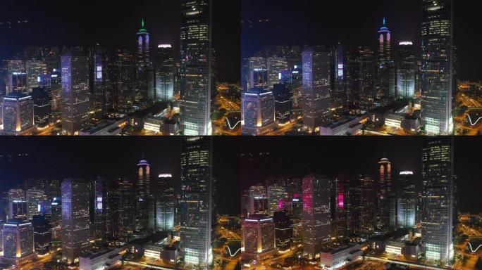 夜间照明香港市区海湾空中全景4k