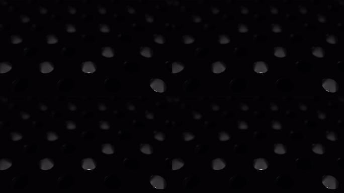 白色发光的球体从一个洞跳到另一个洞。带有孔和弹跳球的深色反射表面。3D循环动画抽象渲染。最小黑色运动