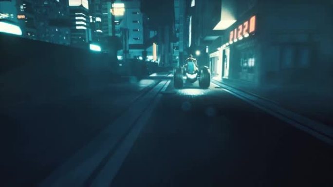 半机械人在霓虹灯网络城市的夜街上追赶一个骑摩托车的女孩。小说，网络和科幻小说背景的动画。未来小说城市