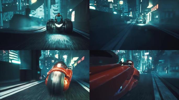 半机械人在霓虹灯网络城市的夜街上追赶一个骑摩托车的女孩。小说，网络和科幻小说背景的动画。未来小说城市