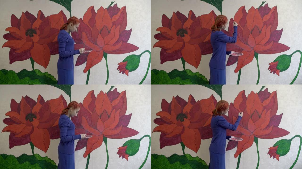 一个美丽的红发艺术家女孩在她房间的墙上画了大童话般的花朵。由于冠状病毒大流行，检疫时期自我实现的概念