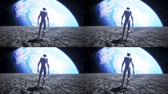 月球上的外星人。不明飞行物概念。3d渲染。
