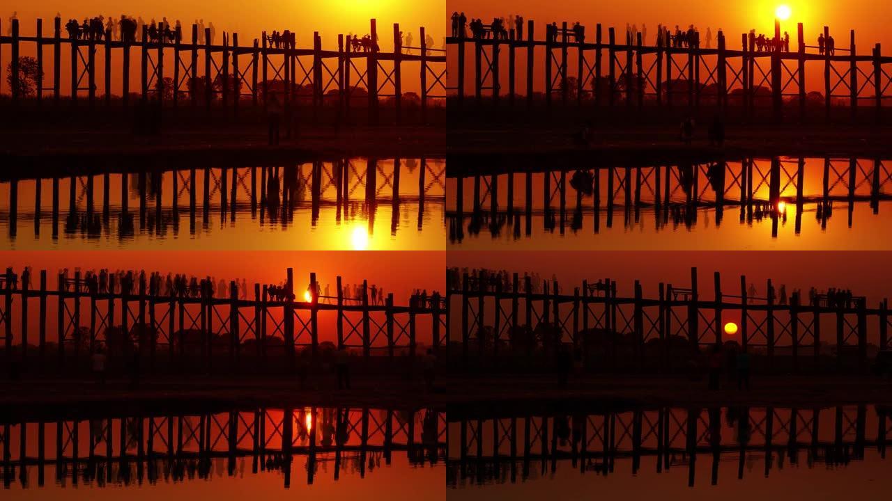 缅甸日落时著名的U-Bein柚木桥