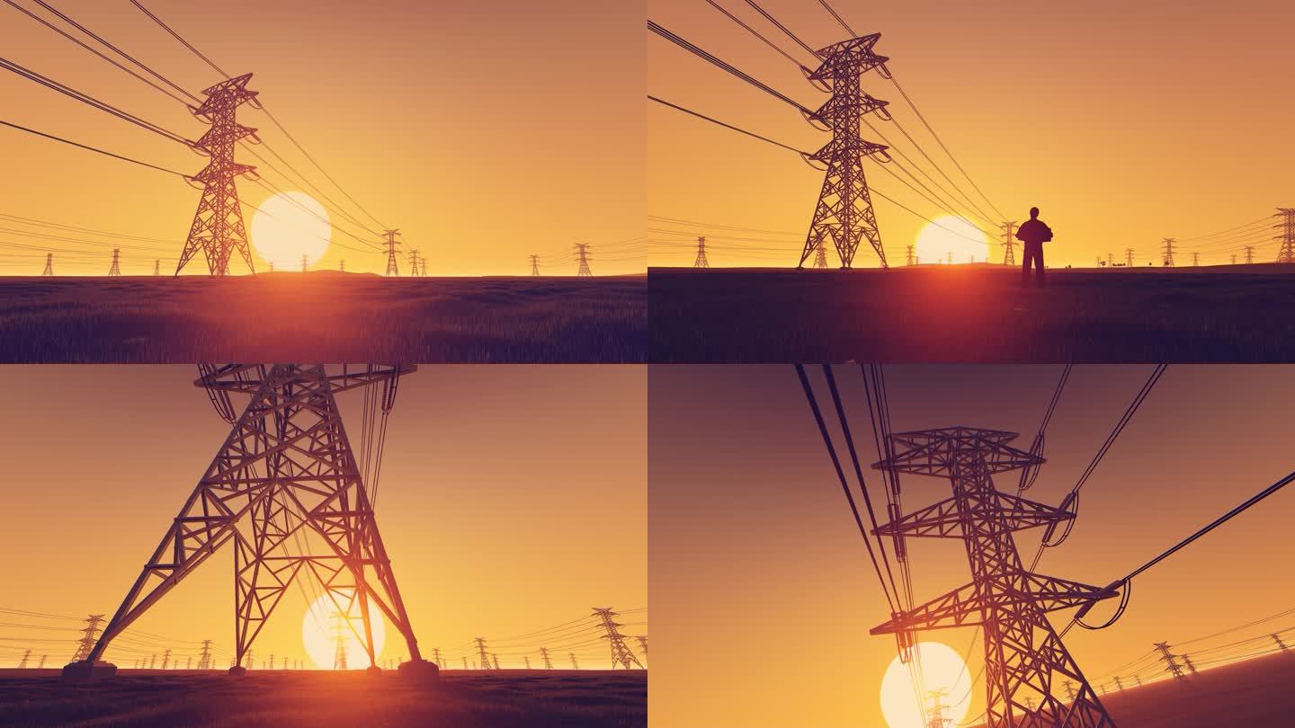 夕阳 电力 电塔 特高压 电网