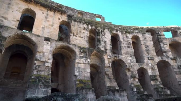 古罗马遗址。位于突尼斯El Jem的古代圆形剧场。全景。历史地标