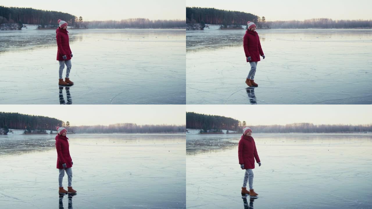 一个女人在冰冻的湖上行走
